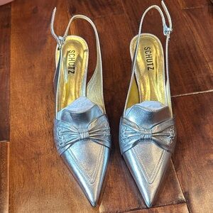 Schutz Metallic Silver Bow Slingback Heels